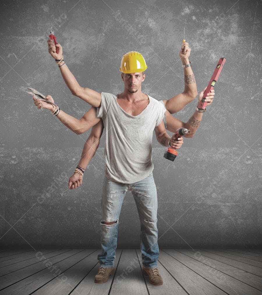Homem com múltiplos braços segurando ferramentas de construção