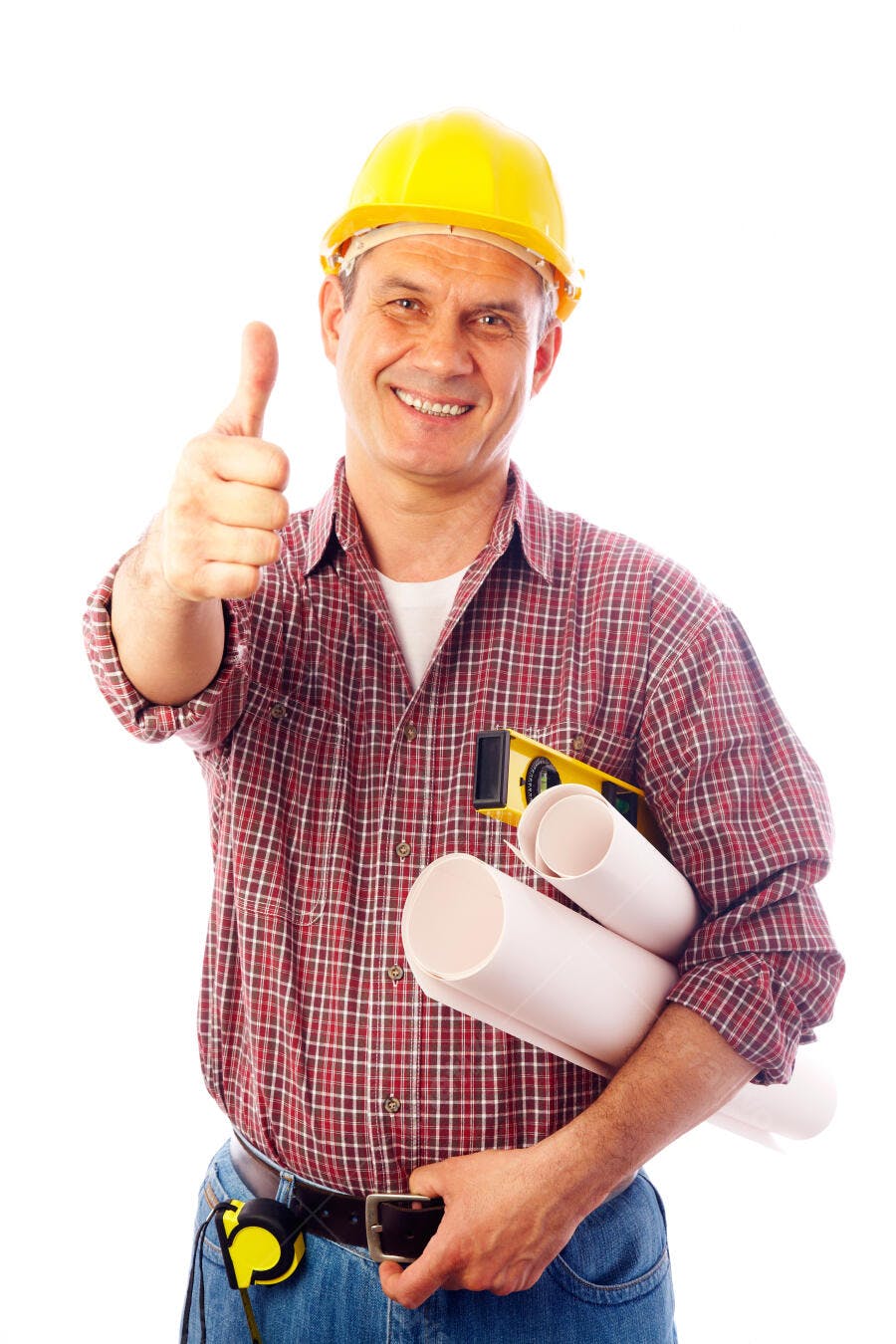 Construtor feliz mostrando polegar para cima