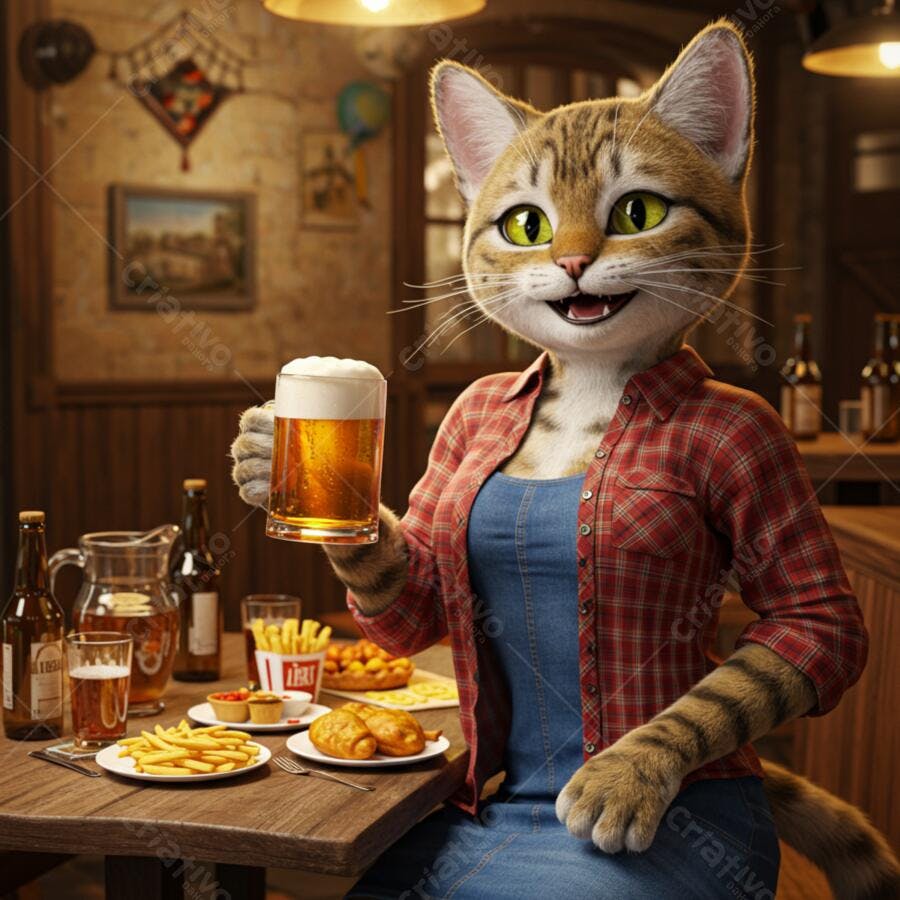 Gata apreciando cerveja em pub