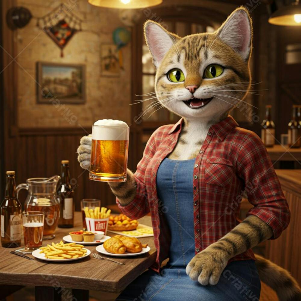 Gata com caneca de cerveja
