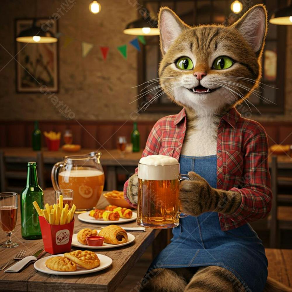 Gata com caneca de cerveja