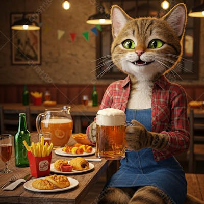 Gata com caneca de cerveja