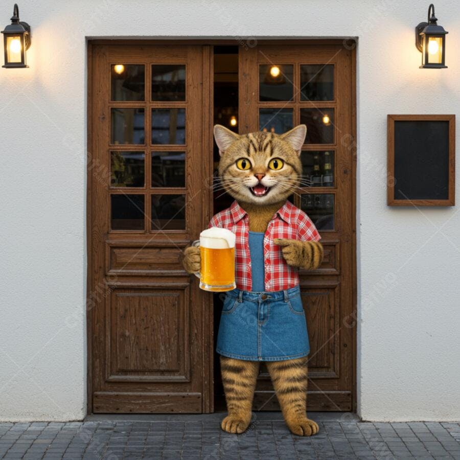 Gato garçom com cerveja na porta de bar