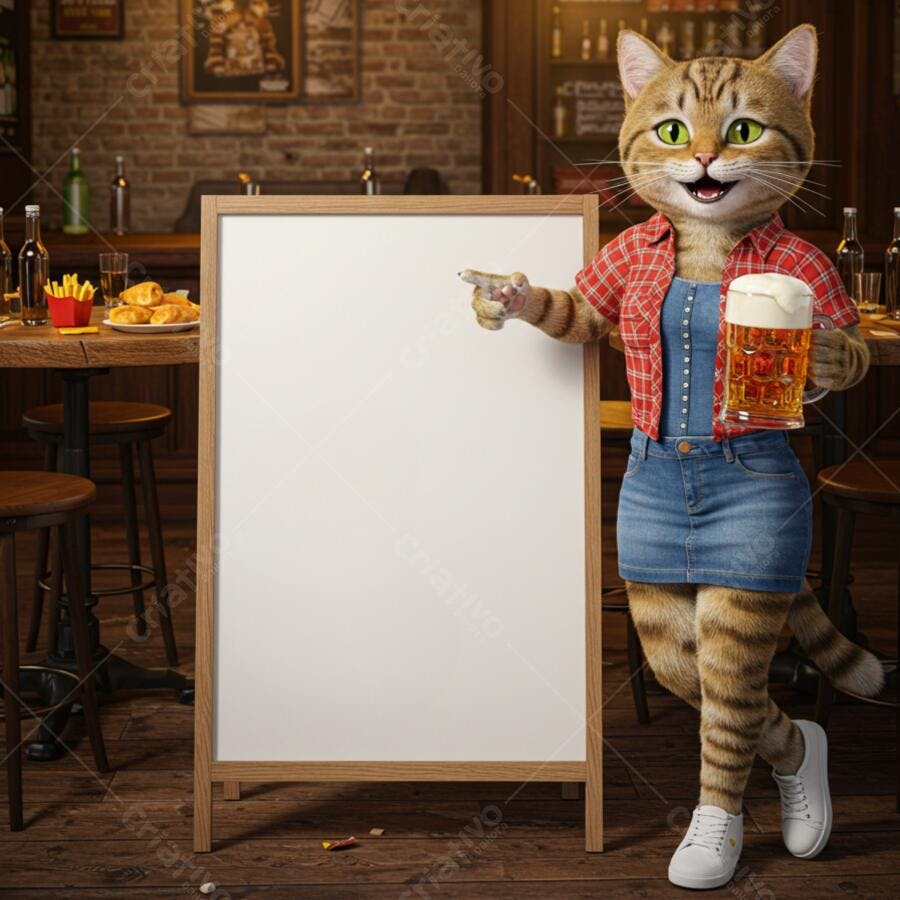 Gato em bar com cerveja e quadro branco