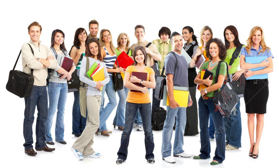 Estudantes diversos com livros e mochilas