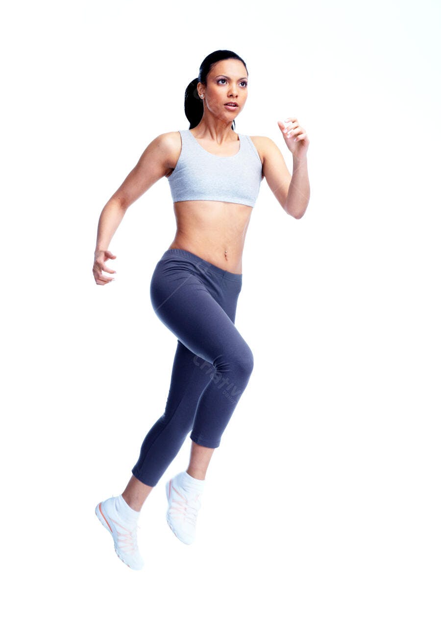 Mulher correndo roupa esportiva fundo branco