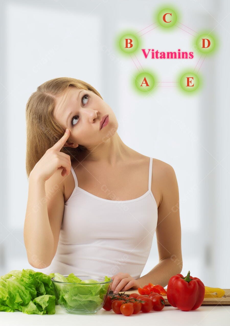 Mulher pensando em vitaminas e alimentação saudável