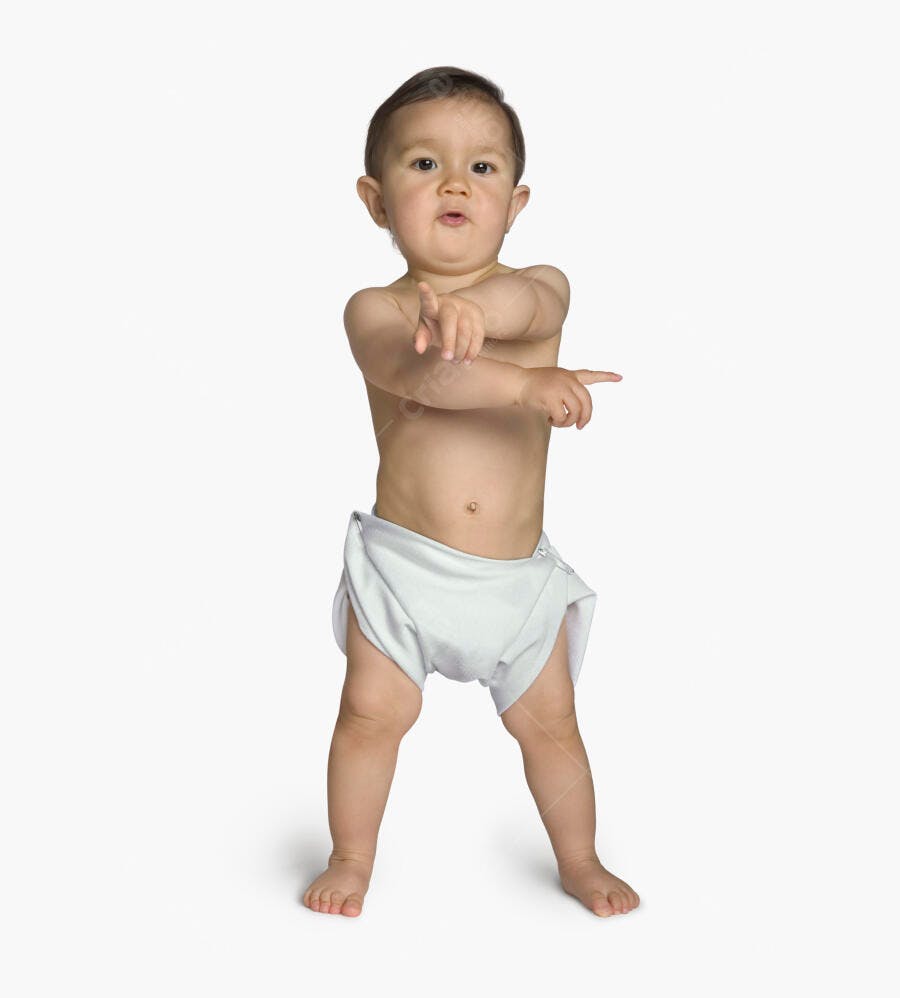 Bebê apontando em fundo branco