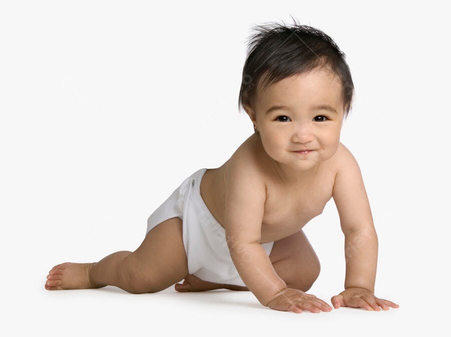 Bebê asiático engatinhando fundo branco
