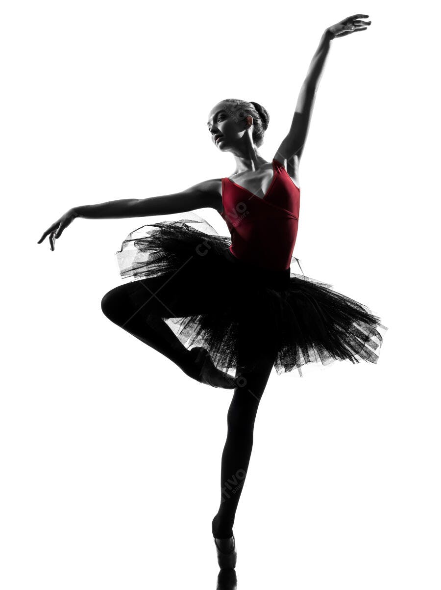 Bailarina em ponta com tutu preto e collant vermelho