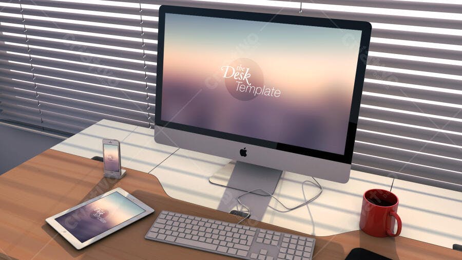 Mockup Realista: iMac, Notebook e Celular em Escritório Moderno