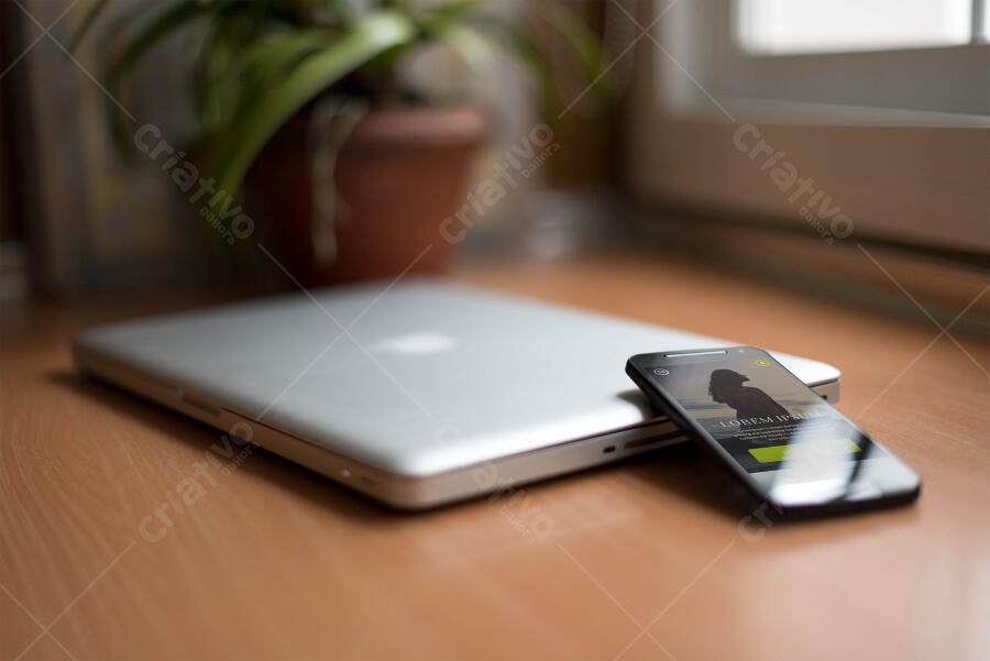 Mockup Realista: Smartphone e Notebook em Mesa de Madeira