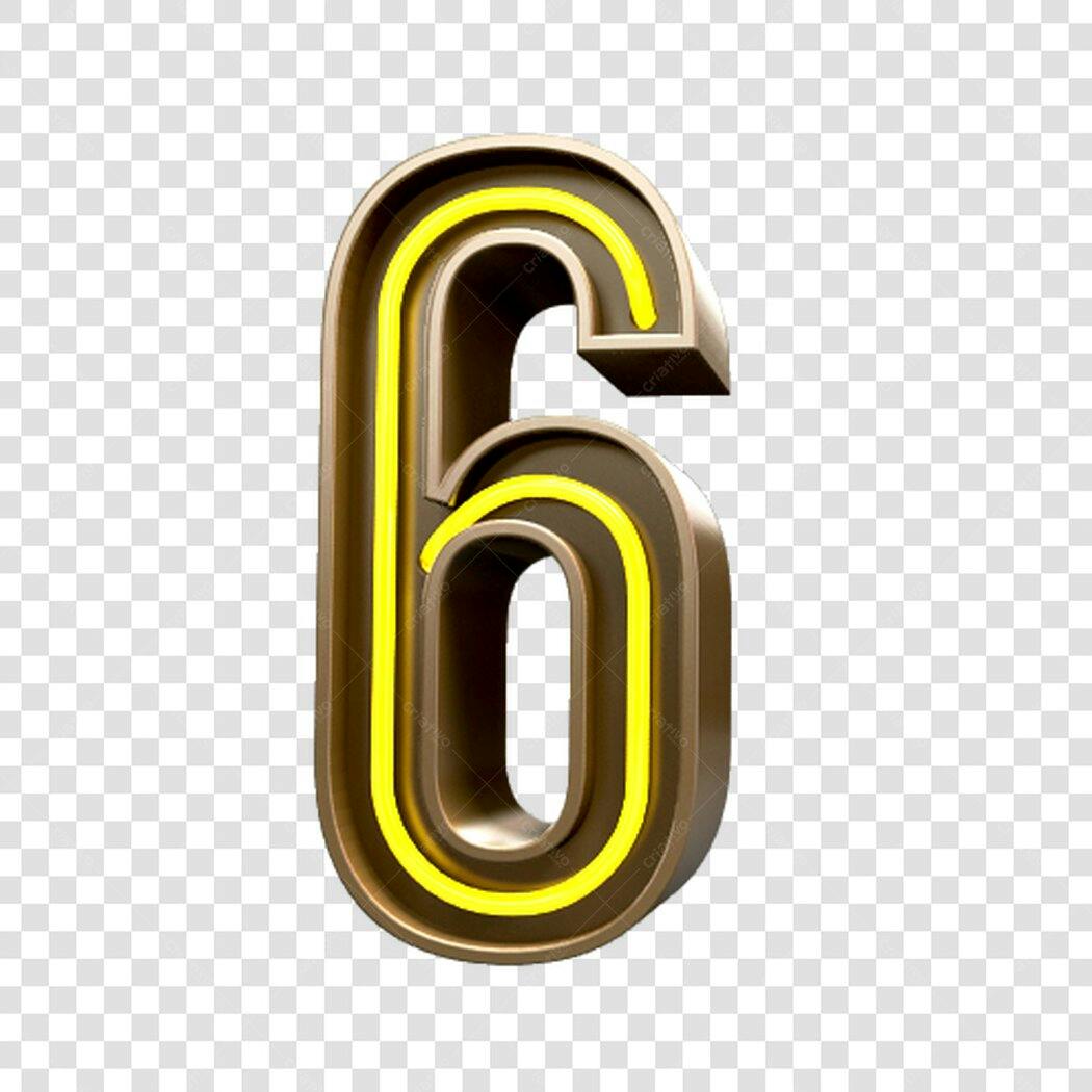 Número 6 dourado neon PNG com fundo transparente