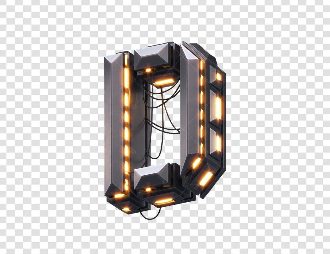 Letra D futurista metálica com luzes PNG com fundo transparente