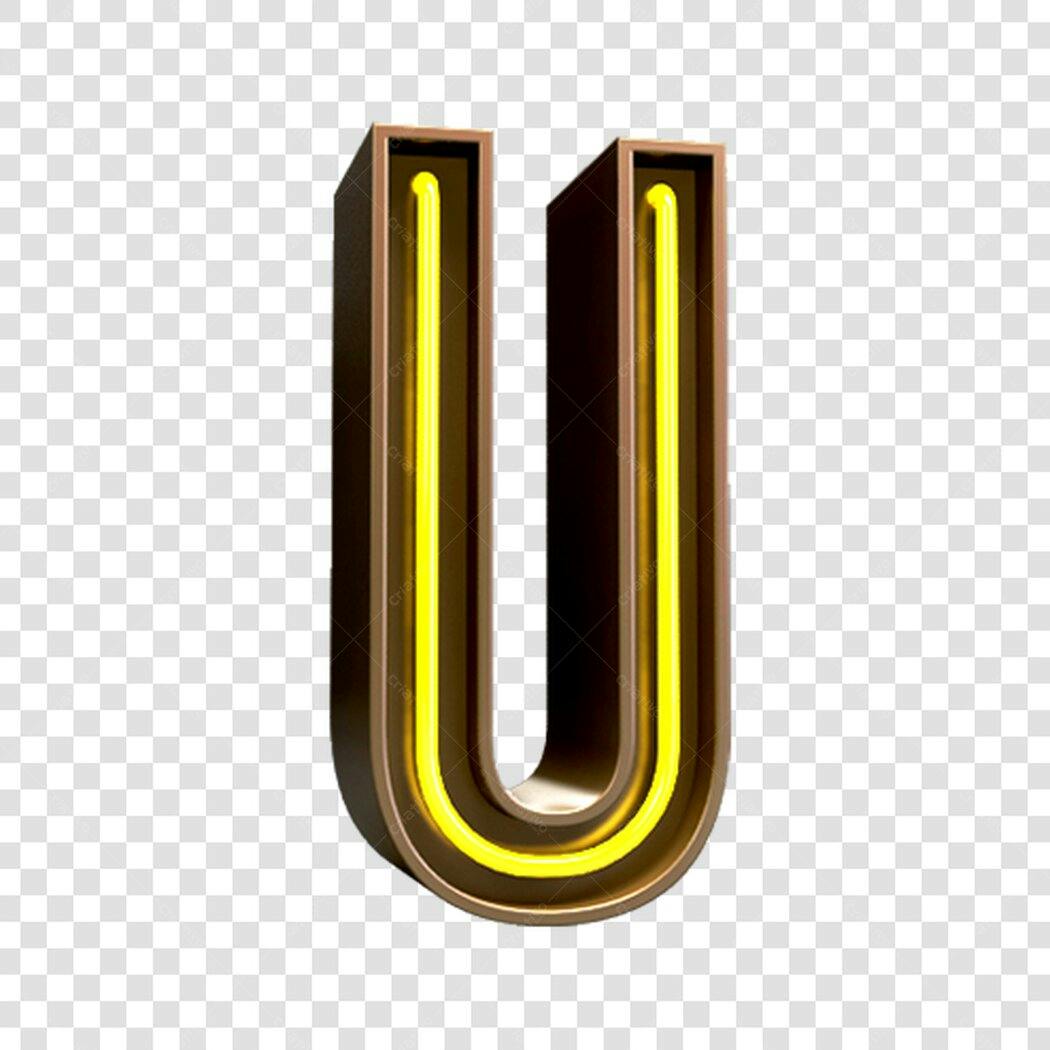 Letra U Neon Dourado 3D PNG com fundo transparente