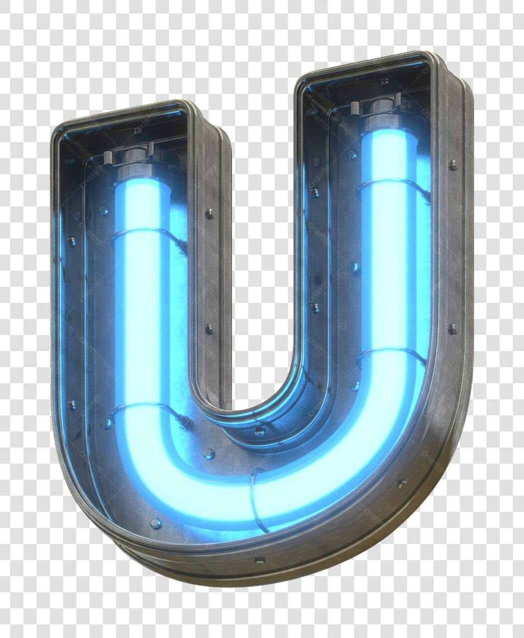 Letra U neon azul industrial PNG com fundo transparente