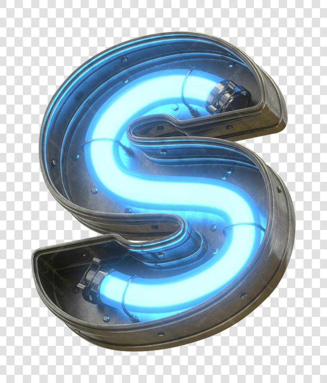 Letra S neon azul metálico PNG com fundo transparente
