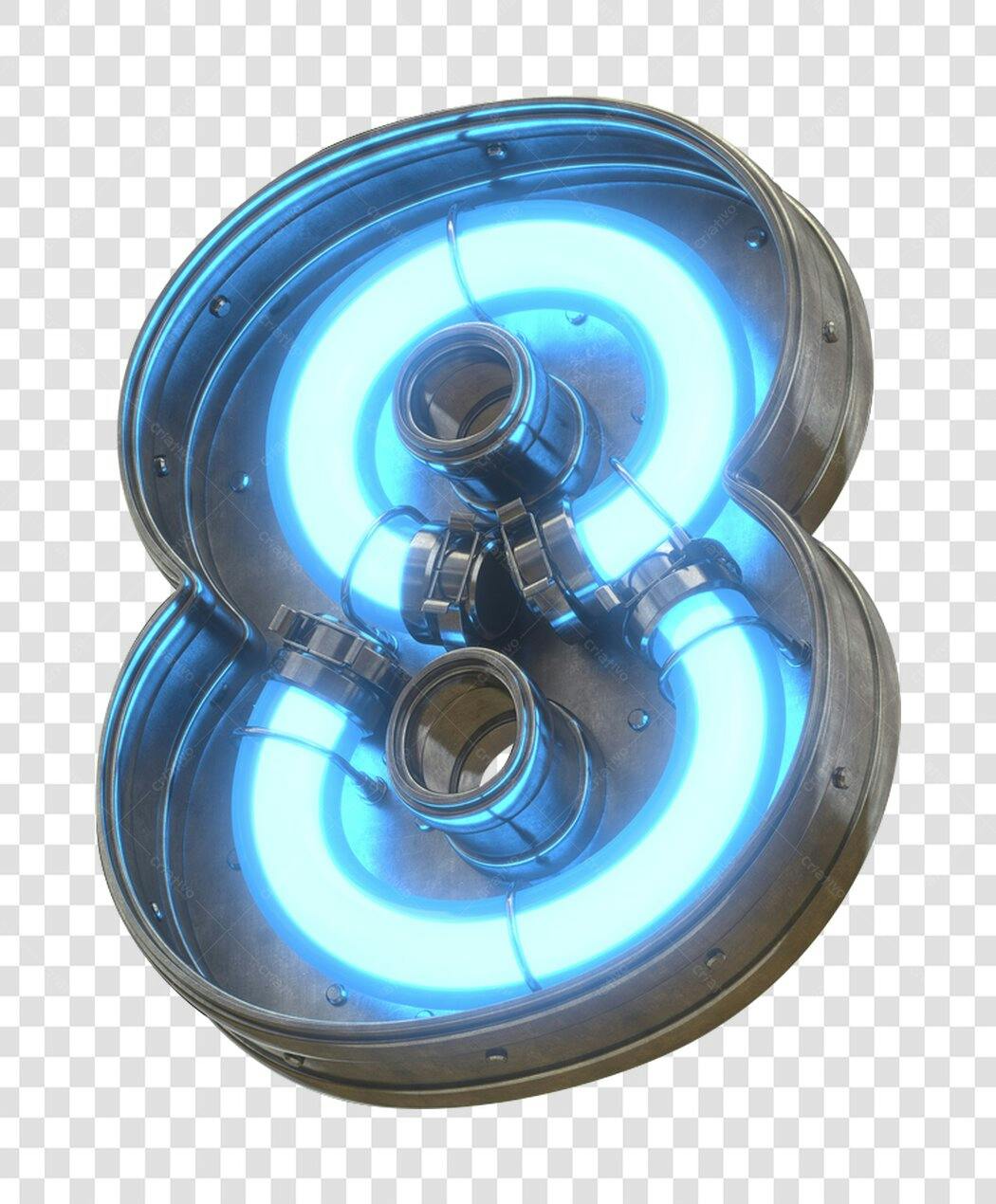 Número 8 com detalhes neón e metal PNG com fundo transparente