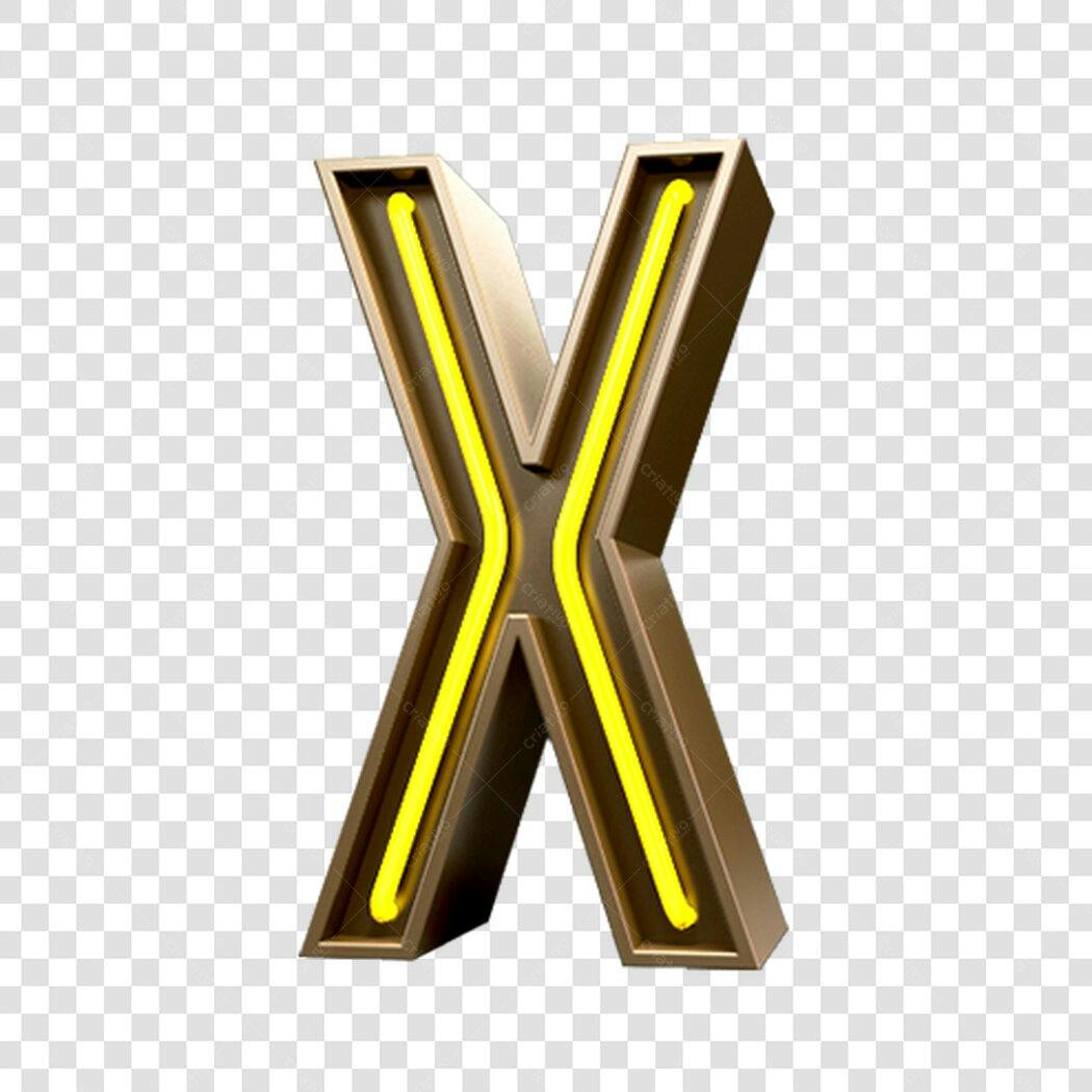Letra X neon dourada 3D para banner PNG com fundo transparente