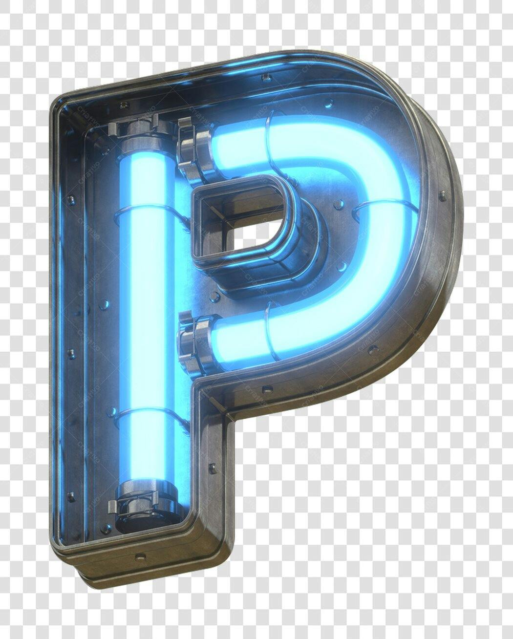 Letra P neon azul metalizado PNG com fundo transparente