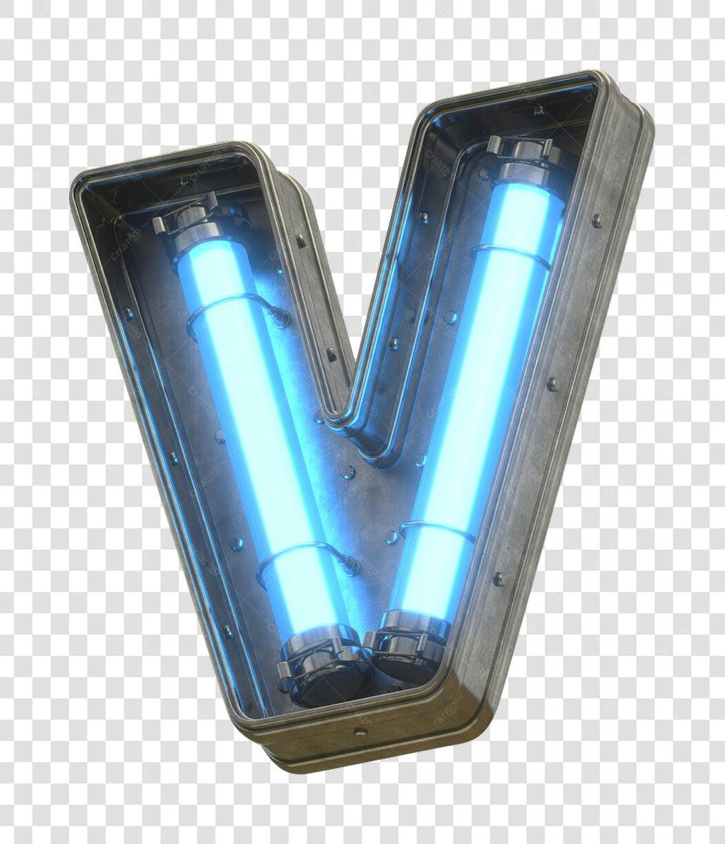 Letra V neon industrial PNG com fundo transparente
