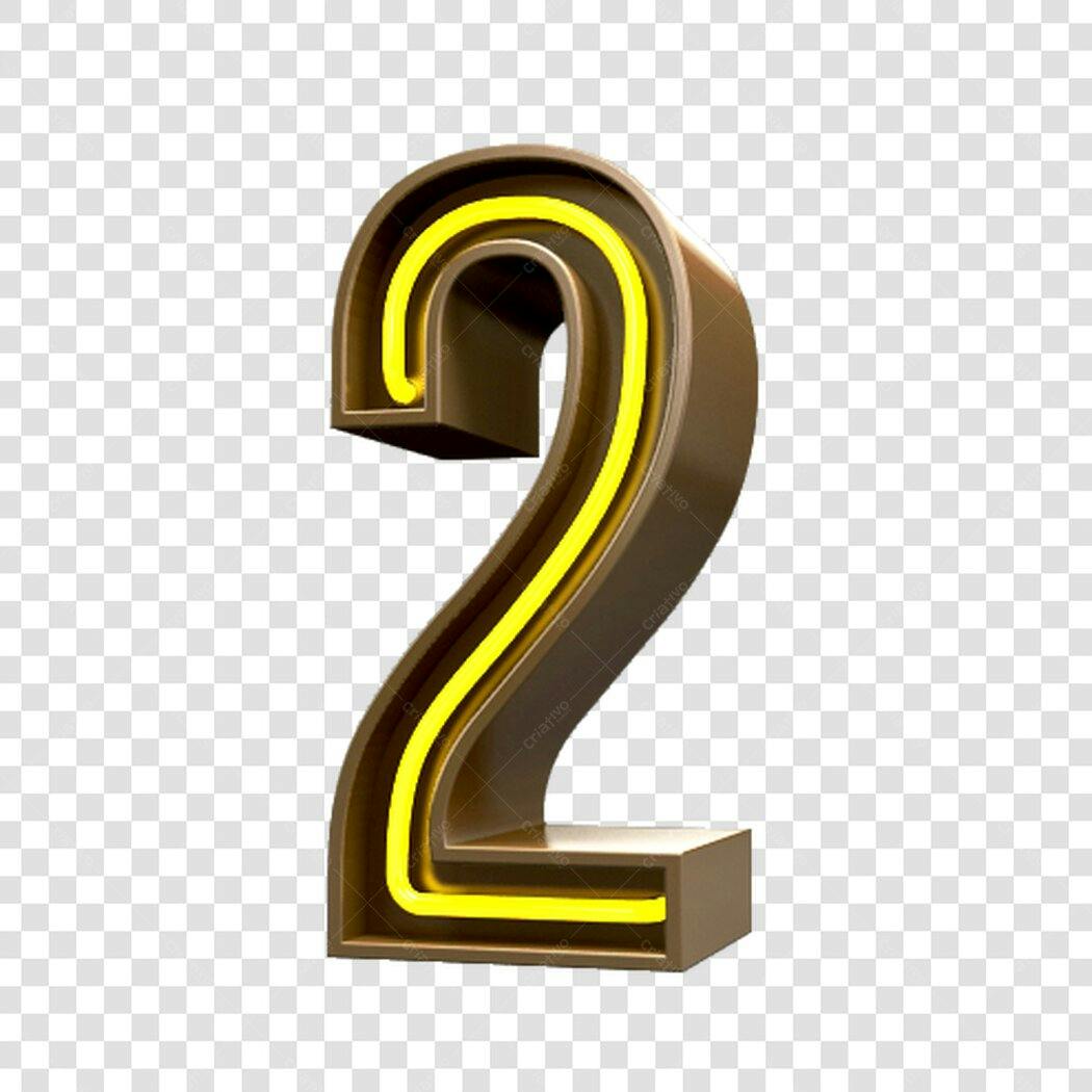 Logo Número 2 Neon Dourado 3D PNG com fundo transparente