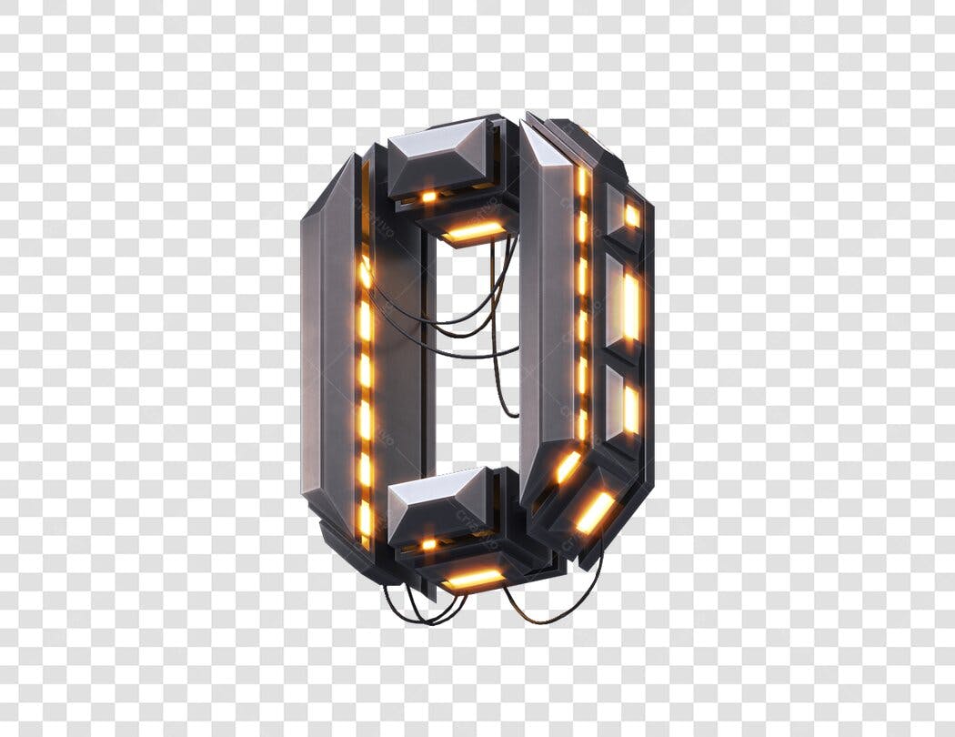 Número zero futurista metálico com luzes PNG com fundo transparente