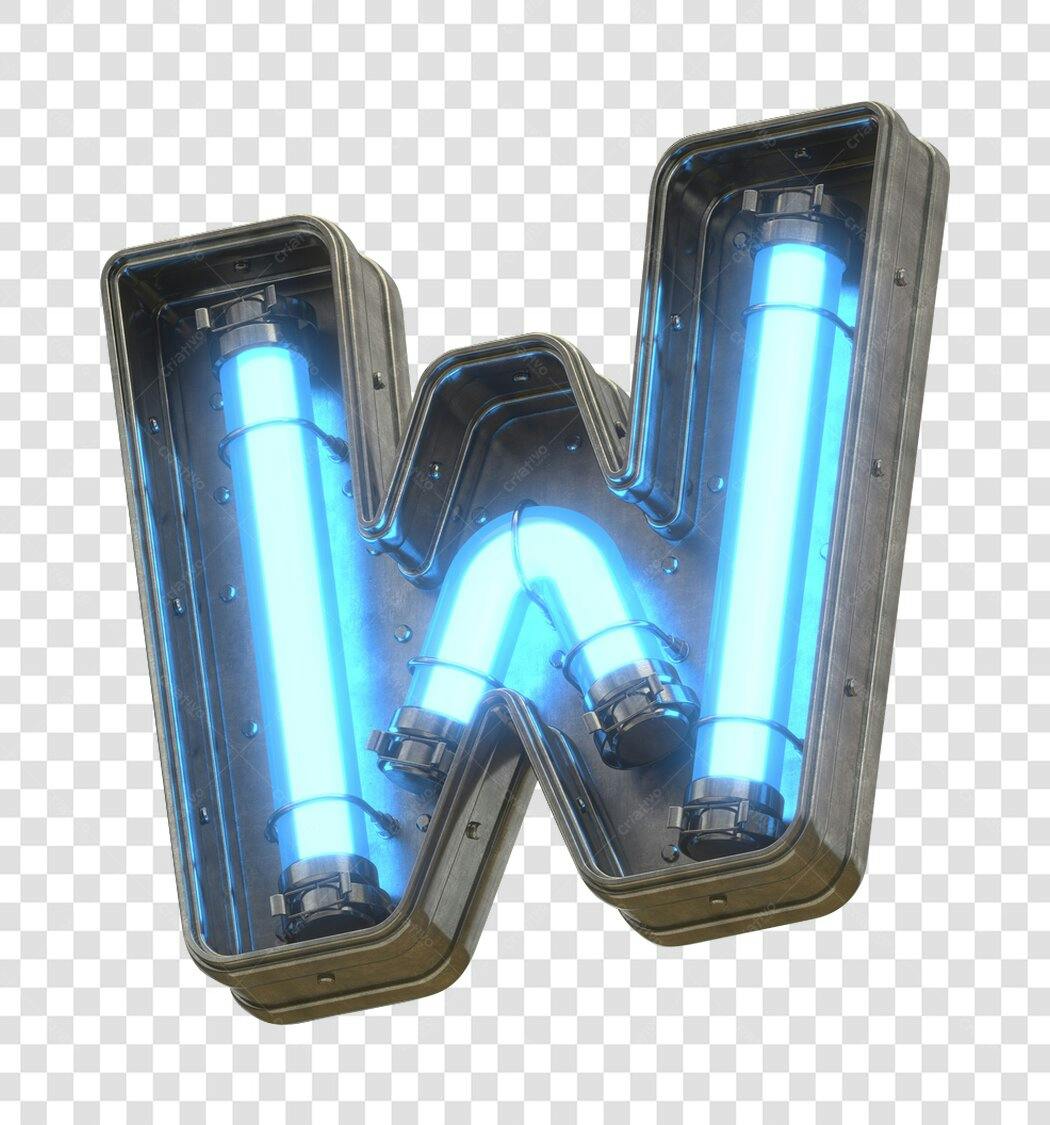 Letra W neon azul metálica PNG com fundo transparente