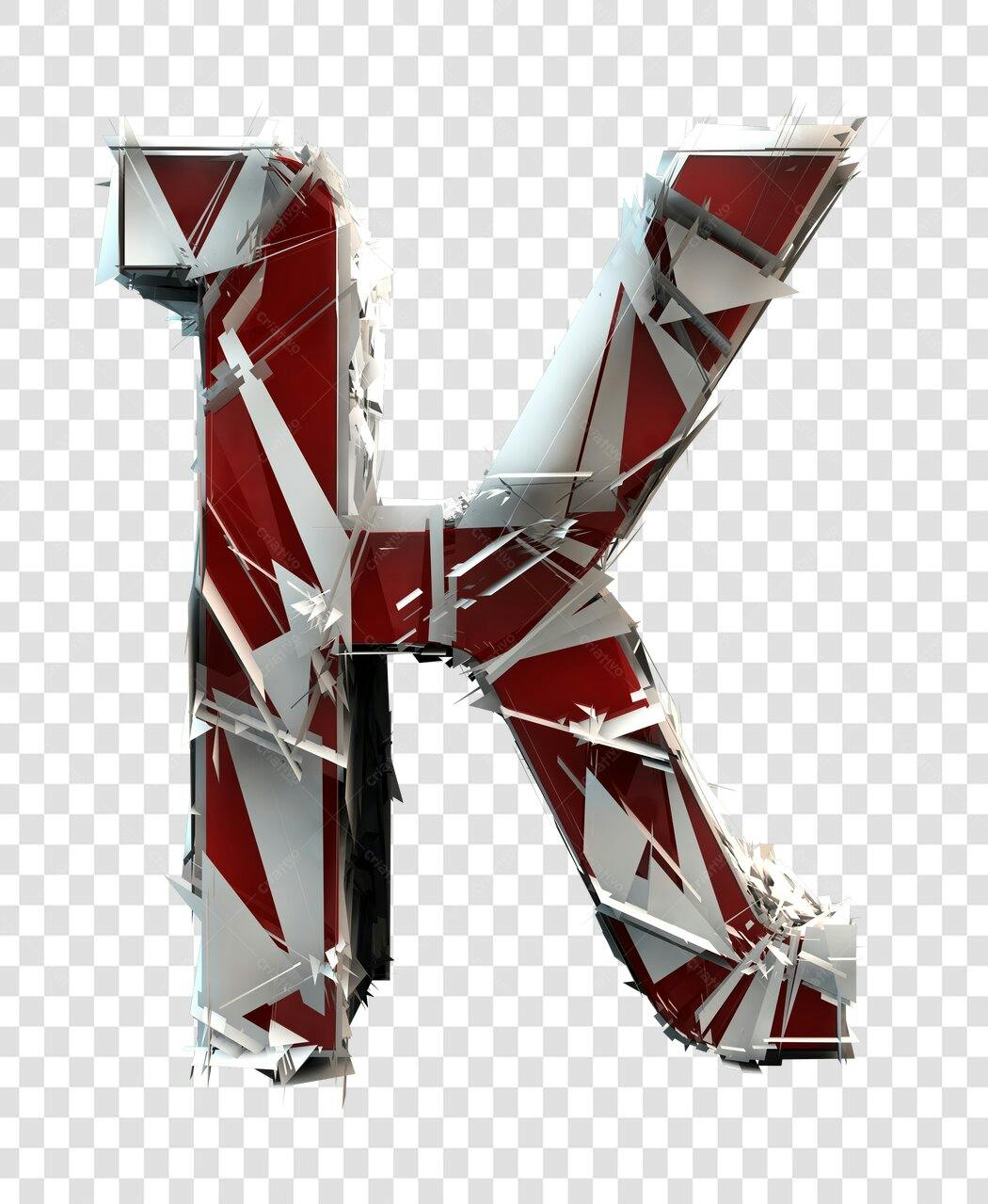 Letter K 3D Fragmented Red and White PNG com fundo transparente