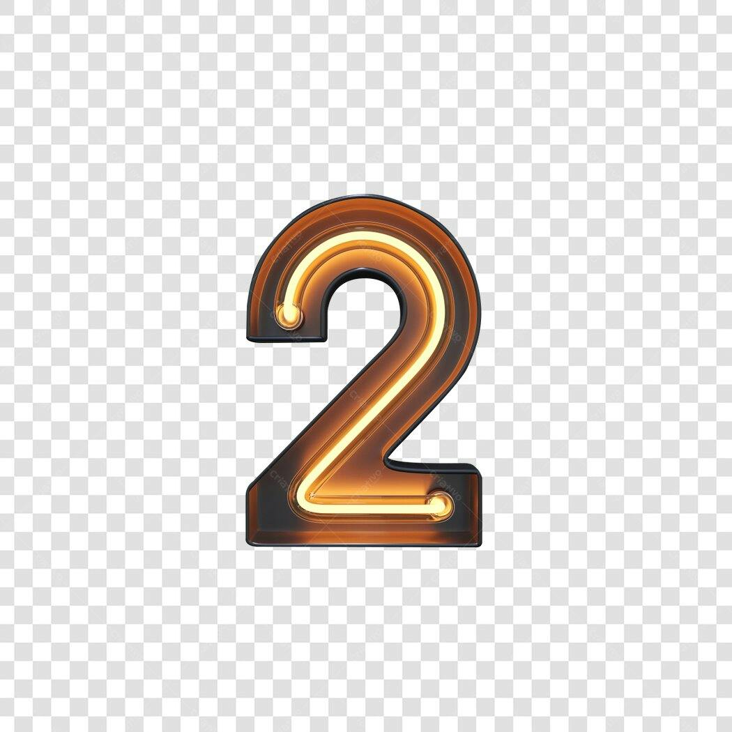 Número 2 Neon Dourado 3D PNG com fundo transparente