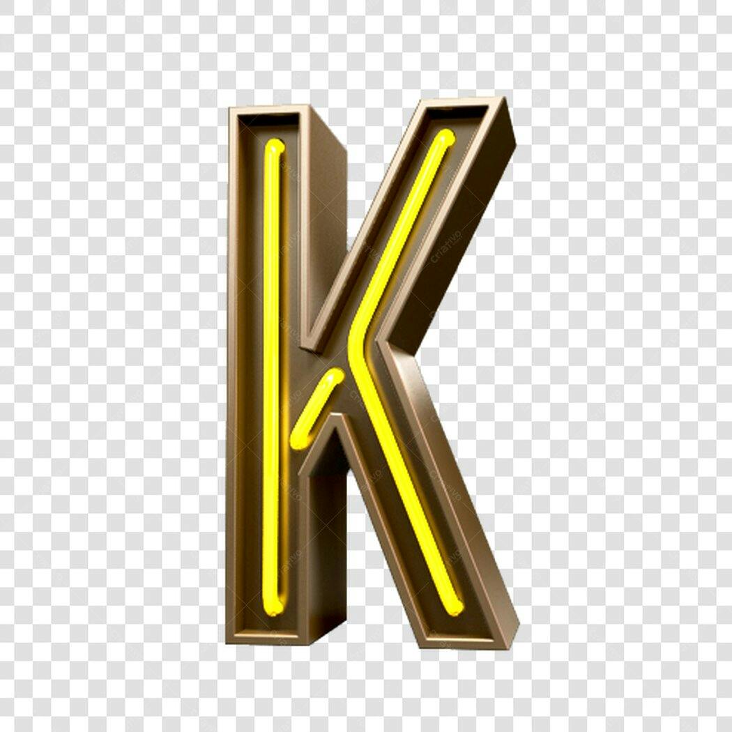 Letra K neon dourada para design PNG com fundo transparente