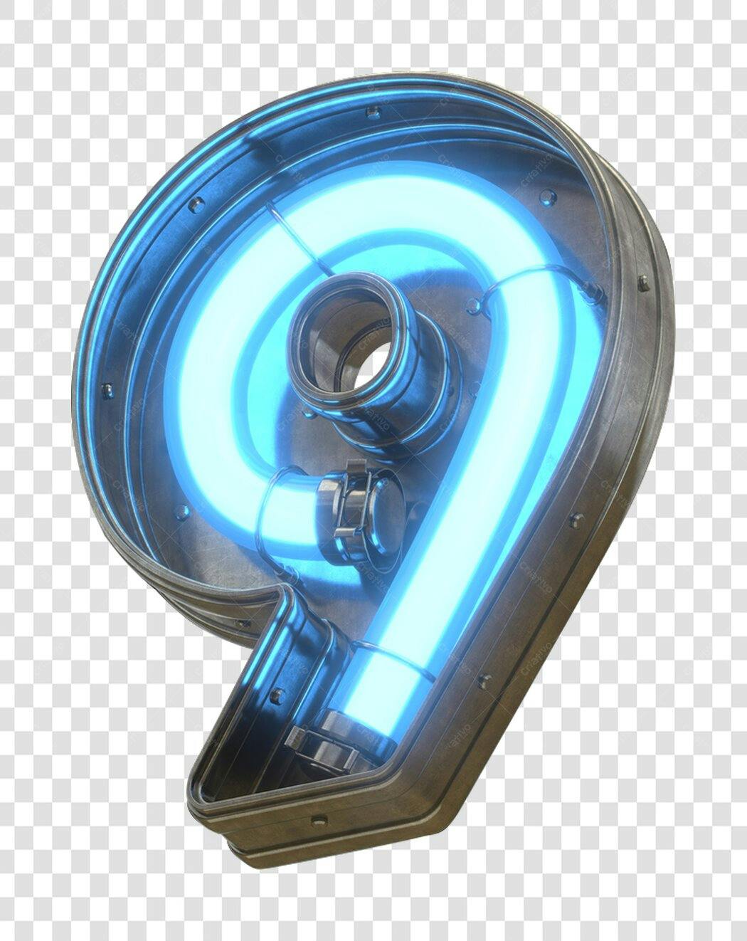Número nove neon azul metálico PNG com fundo transparente