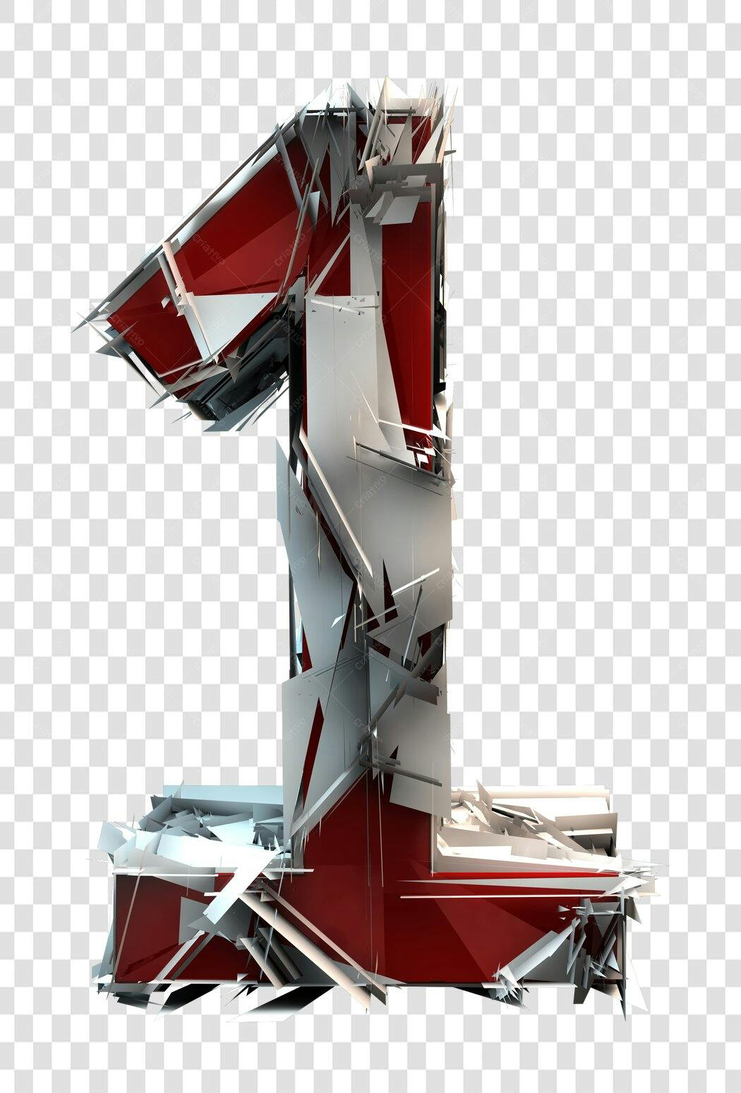 Número 1 Dígito Fragmentado 3D Vermelho e Branco PNG com fundo transparente