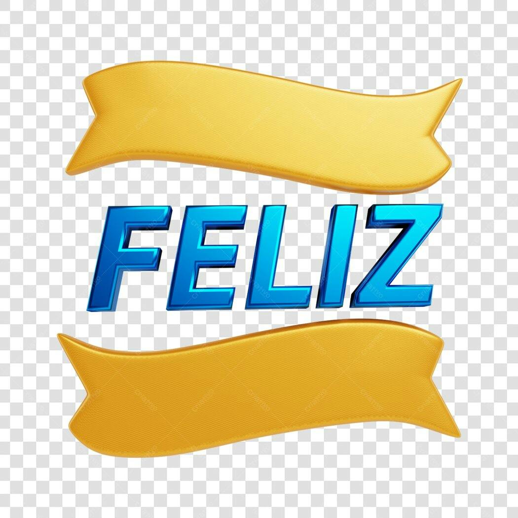 Banner Feliz com fitas douradas e letras azuis PNG com fundo transparente