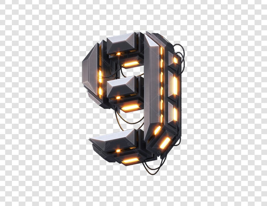 Número 9 futurista metálico PNG com fundo transparente
