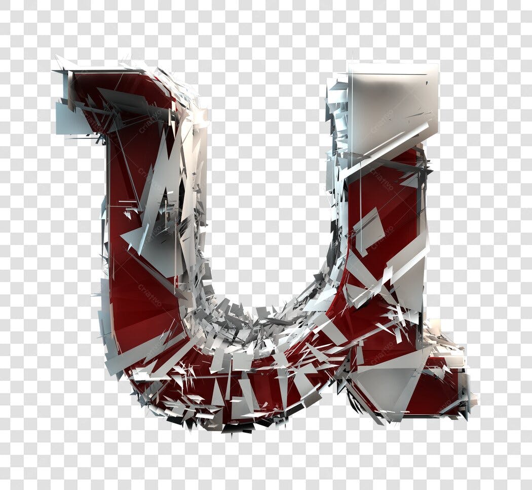 Letra U 3D estilizada vermelho e prata PNG com fundo transparente