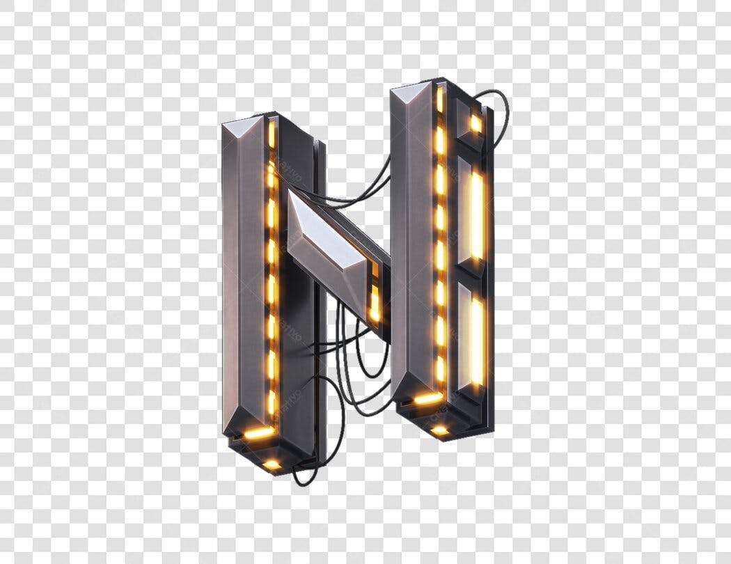 Letra N futurista iluminada PNG com fundo transparente