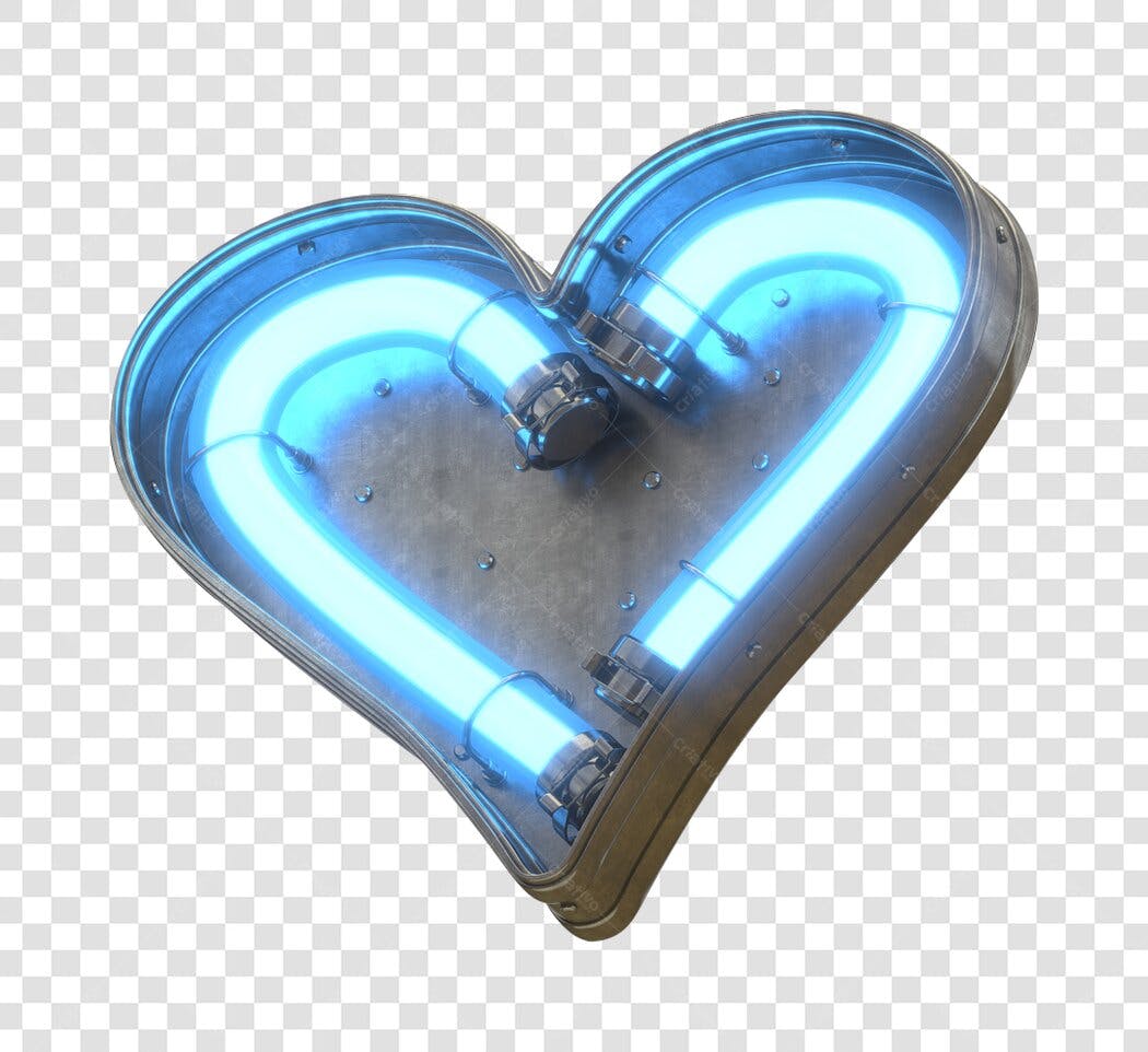 Ícone coração neon azul metálico PNG com fundo transparente