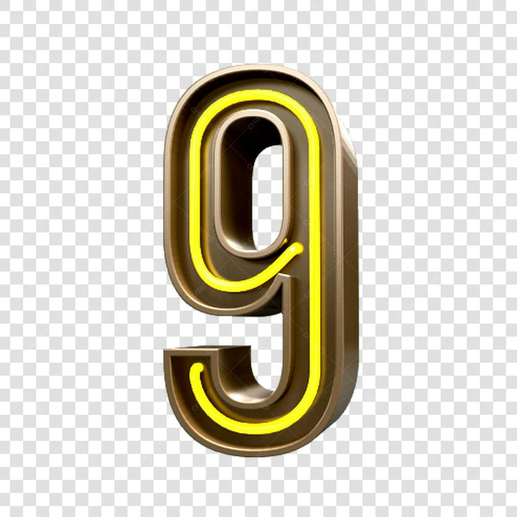 Número 9 estilo neon dourado 3D PNG com fundo transparente