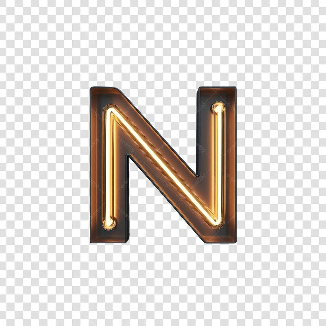 Letra N Neon Dourado 3D PNG com fundo transparente