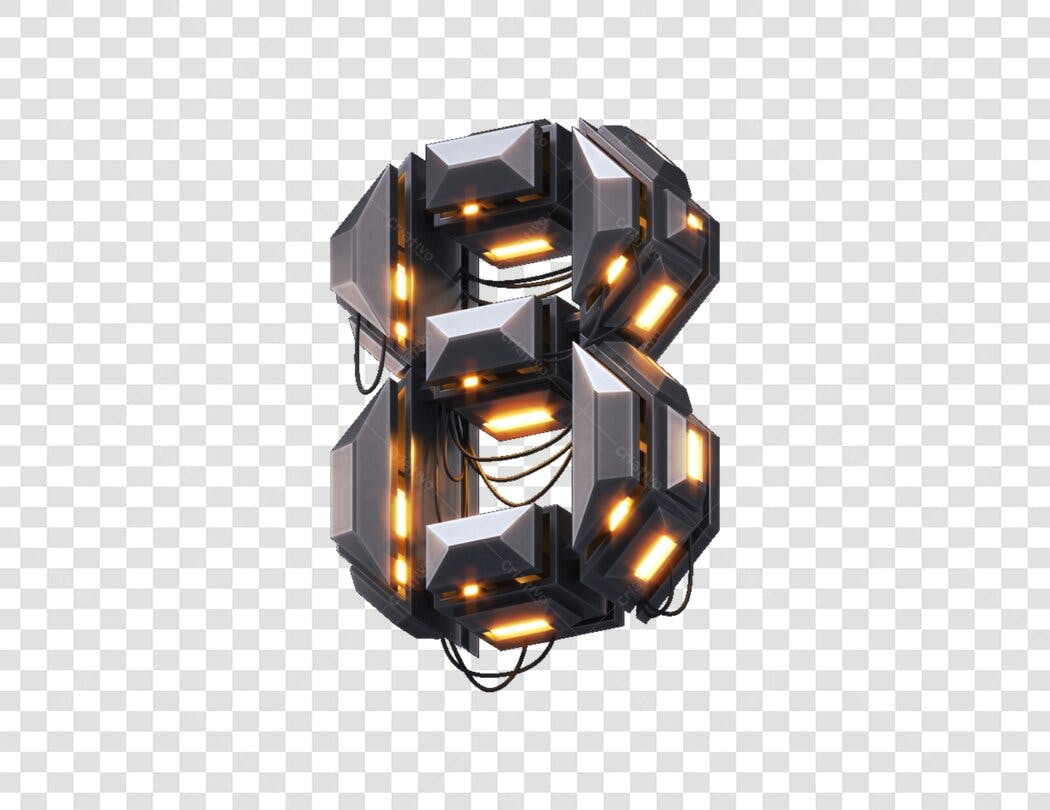 Número 8 futurista metálico iluminado PNG com fundo transparente