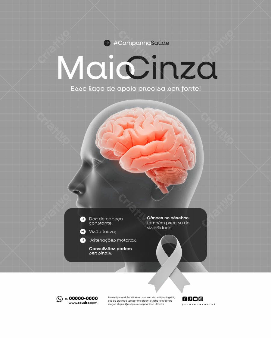 Flyer Maio Cinza Conscientização Câncer no Cérebro PSD Editável