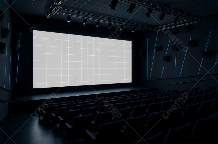 Mockup de Tela de Cinema Moderna em Ambiente Escuro