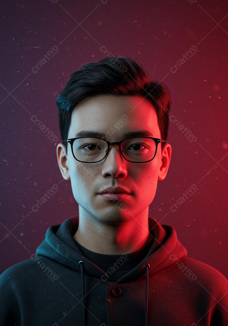 Homem asiático com óculos em fundo vermelho e azul
