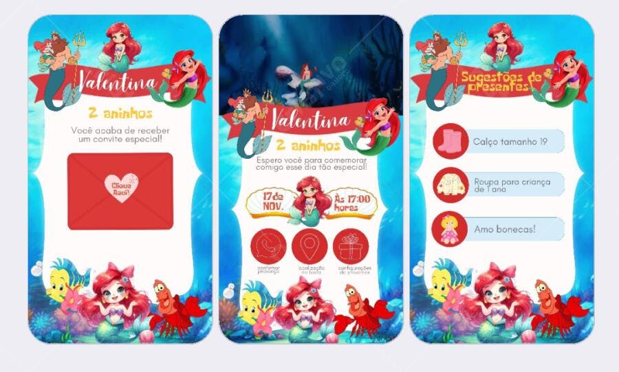 Convite de aniversário infantil Sereia Ariel Editável no Canva