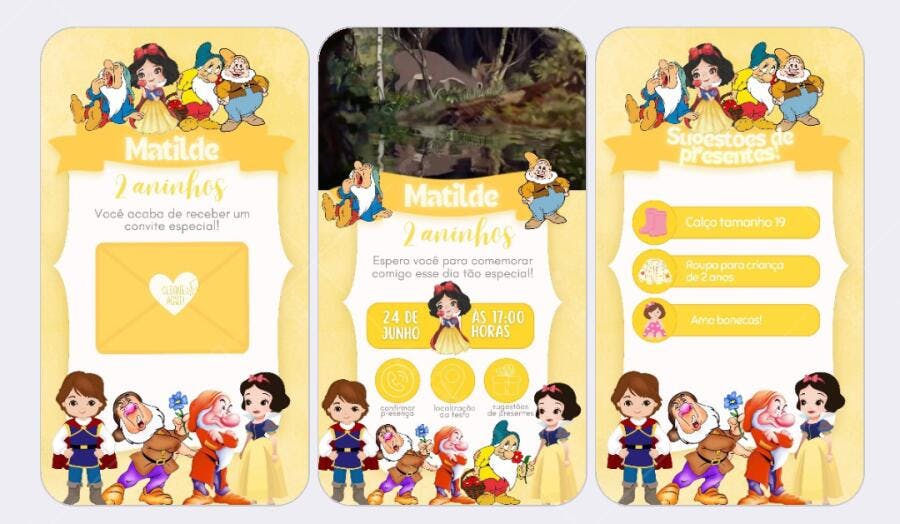 Convite de aniversário infantil Branca de Neve e os Sete Anões Editável no Canva