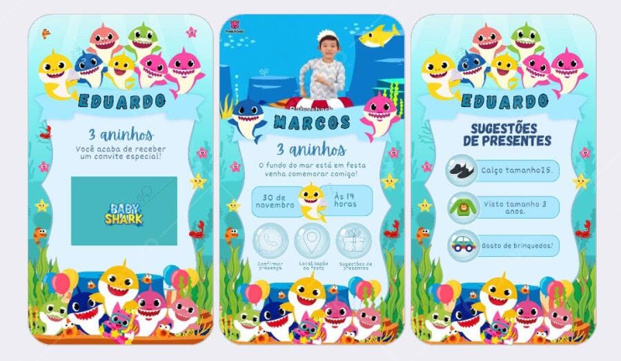 Convite de Aniversário Infantil Baby Shark Editável no Canva