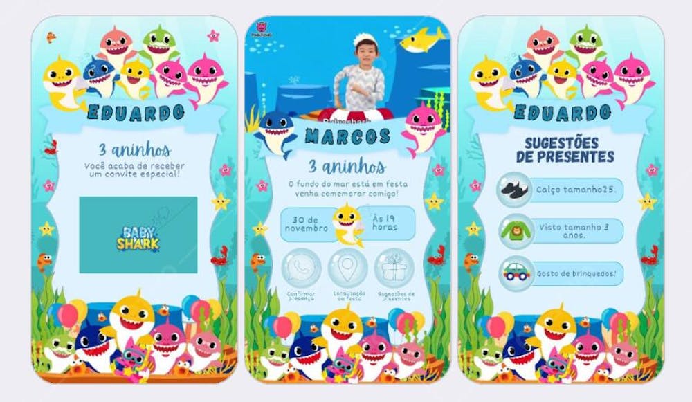 Convite musical infantil baby shark 