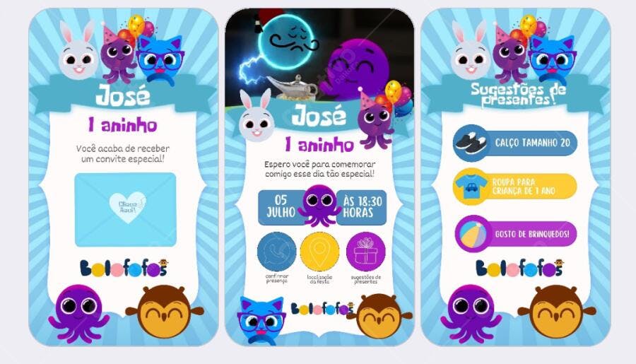 Convite Primeiro Aniversário Azul Tema Animais Marinhos Editável no Canva