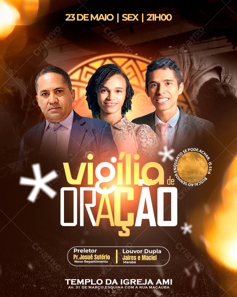 Flyer para Vigília de Oração 23 de Maio PSD Editável